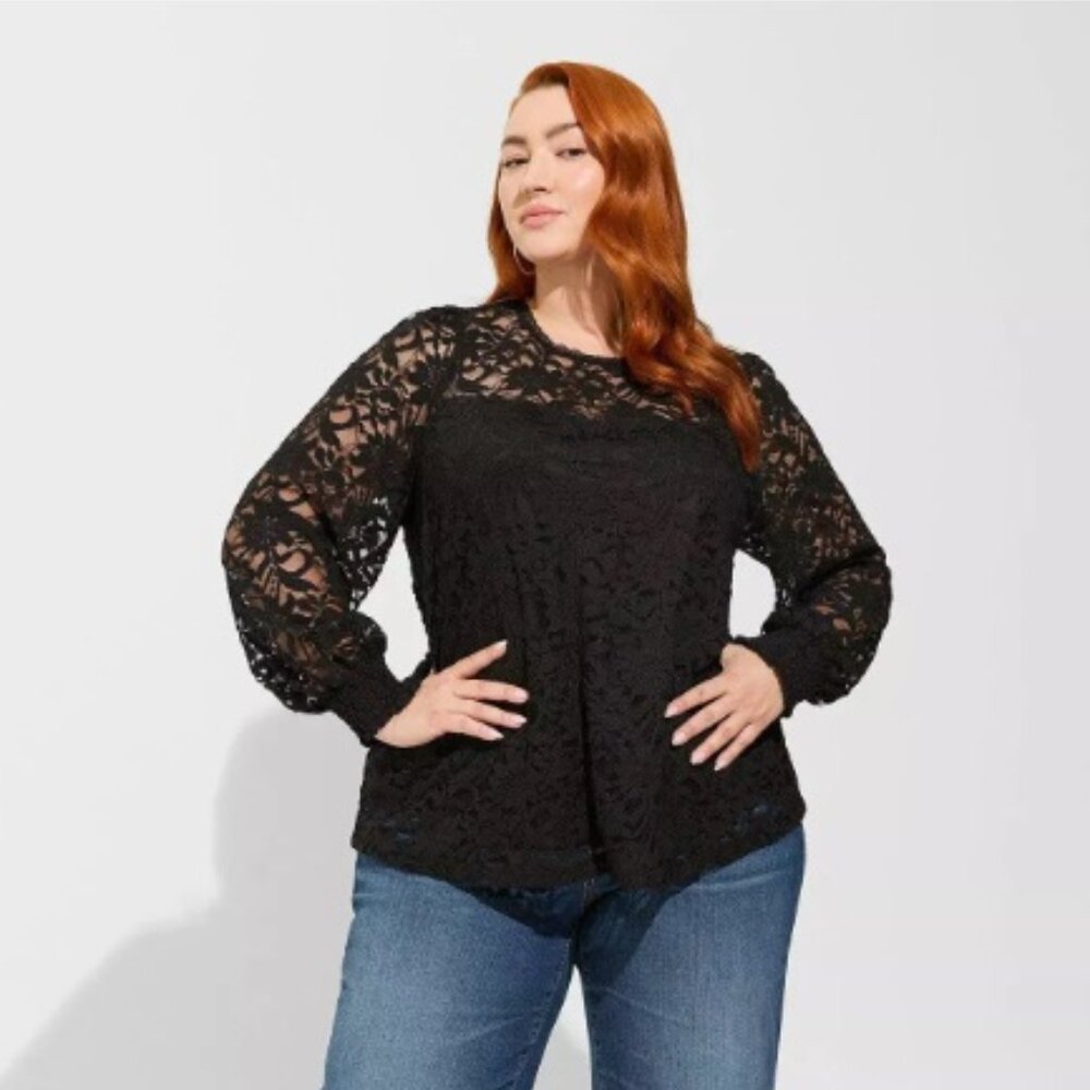 Stretch Lace And Mesh Crew Neck Long Sleeve Top